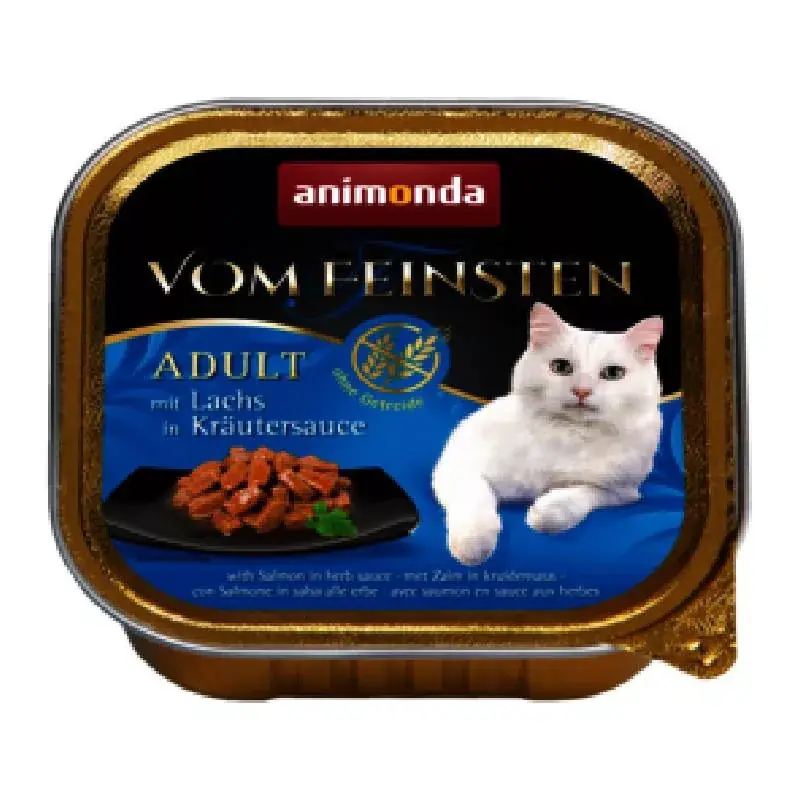 Kedvezményes ár Animonda Vom Feinsten Cat lazac-gyógynövény mártással alutálkás 100gr