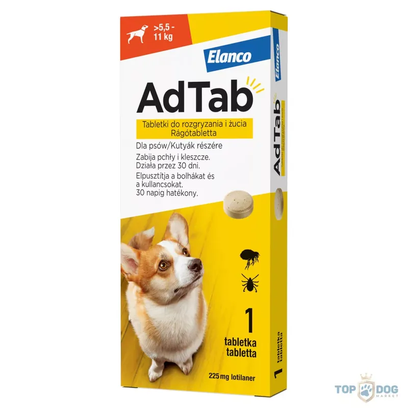 AdTab rágótabletta bolha és kullancs ellen 5,5 kg-11kg közötti kutyáknak , 225 mg Újdonság