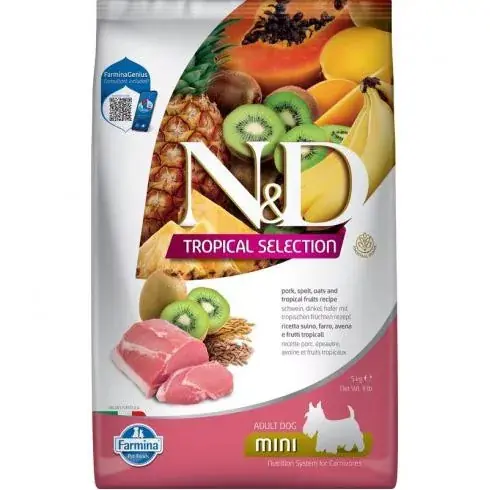 Végkiárusítás N&D Dog 5kg Tropical Adult Mini Pork