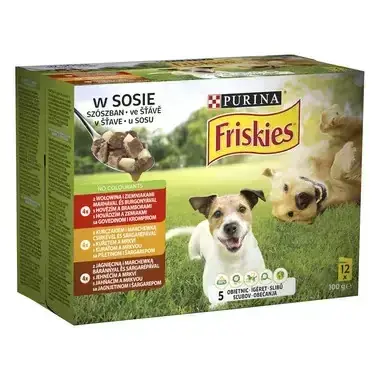 Bestseller FRISKIES csirkével, marhával, báránnyal szószban nedves eledel felnőtt kutyáknak 12x85gr