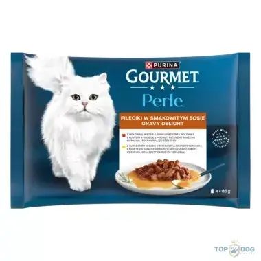 Legnépszerűbb GOURMET Perle Gravy Delight szószban csirkével és marhával nedves macskaeledel 4*85gr