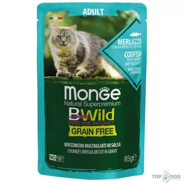 Monge BWild Grain Free Cat 85g Adult Tőkehal, garnéla és zöldségek Szezonális akció