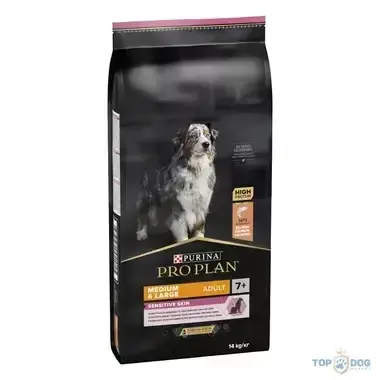 Akciós ár Purina Pro Plan 14kg Medium & Large Adult 7+ Sensitive Skin lazac (7 éves vagy feletti kutyáknak)
