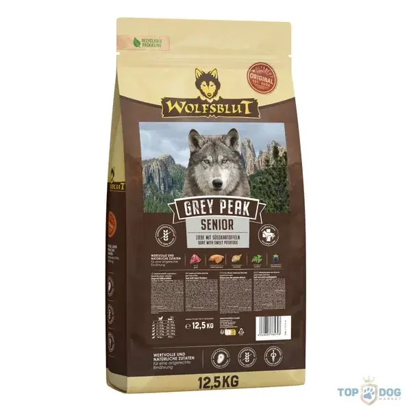 Árengedmény Wolfsblut Grey Peak Senior Kecskehús Édesburgonyával 12,5kg