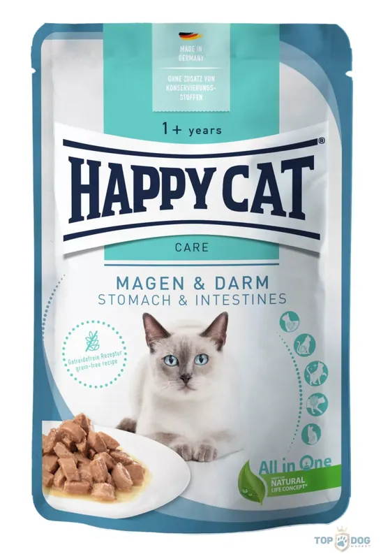 Újdonság Happy Cat Care Stomach & Intestines érzékeny emésztésű macskáknak 85gr
