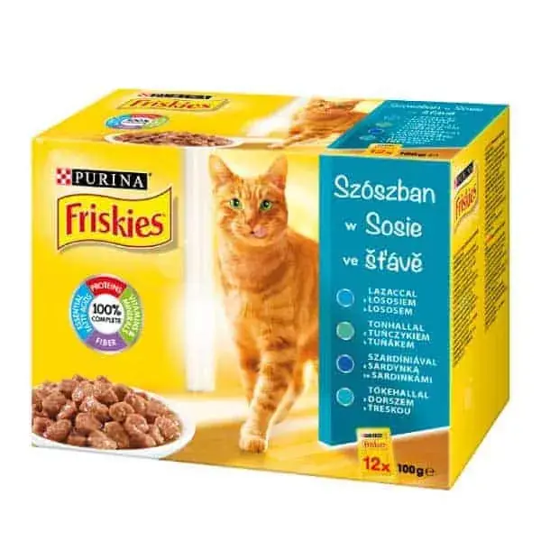 FRISKIES Macskaeledel Szószban - Lazaccal, Tonhallal, Tőkehallal, Szardíniával 12x85g Árengedmény