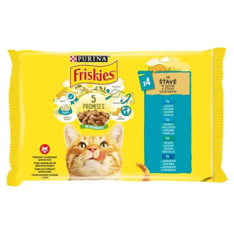 Szuper ajánlat Friskies szószban lazaccal/tonhallal/tőkehallal/szardíniával macskaeledel 4 x 85g (340g)