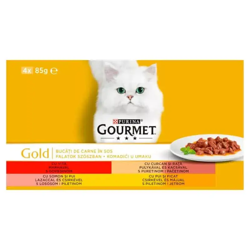 Gourmet Gold Falatok szószban teljes értékű állateledel felnőtt macskák számára 4 x 85g Vedd meg most