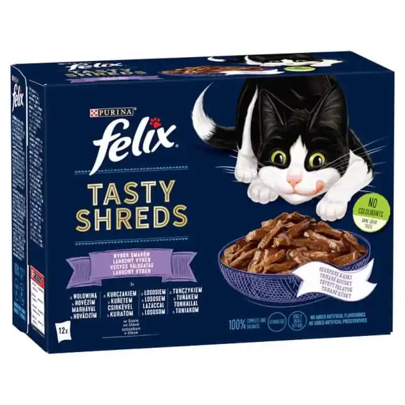 Gyors kiszállítás Felix Shreds Vegyes Válogatás teljes értékű eledel felnőtt macskáknak szószban 12 x 80g (960g)