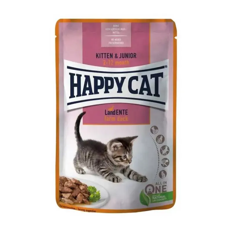 Alacsony ár Happy Cat Kölyök és Junior macskaeledel 85 g Kacsa