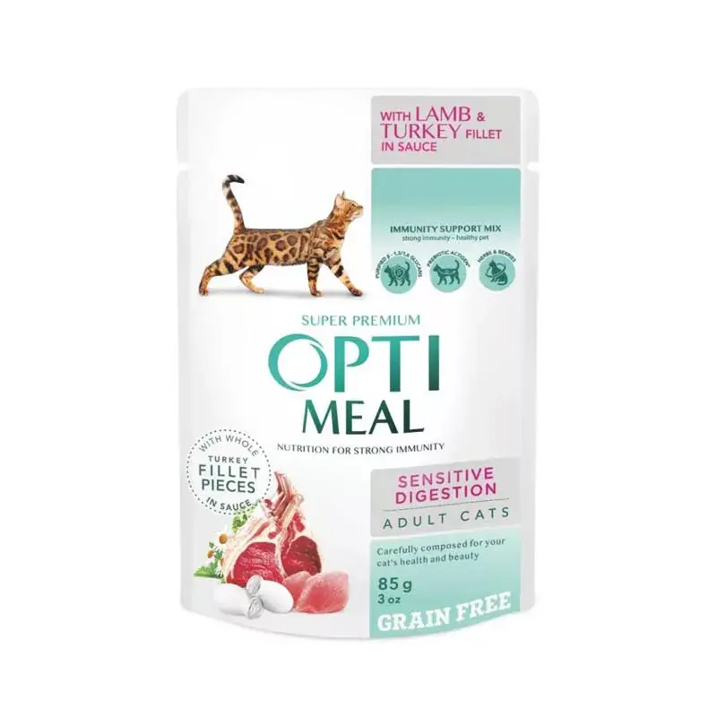 Nézd meg most OPTIMEAL CAT POUCH 85g SENSITIVE BÁRÁNY-PULYKA FILÉ SZÓSZBAN