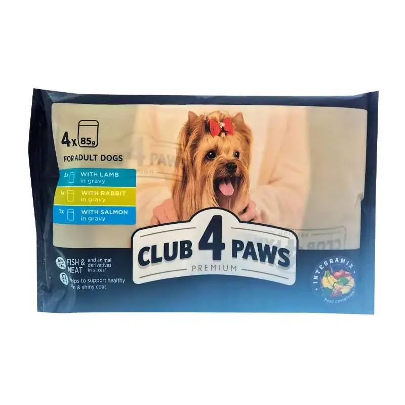 Árcsökkenés CLUB4PAWS DOG POUCH 4X85g BÁRÁNY-, NYÚL-, LAZAC SZÓSZBAN